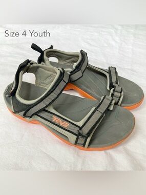 Teva Size 4 Kid Youth Grey Orange Velcro Sandals Summer Beach Hiking
